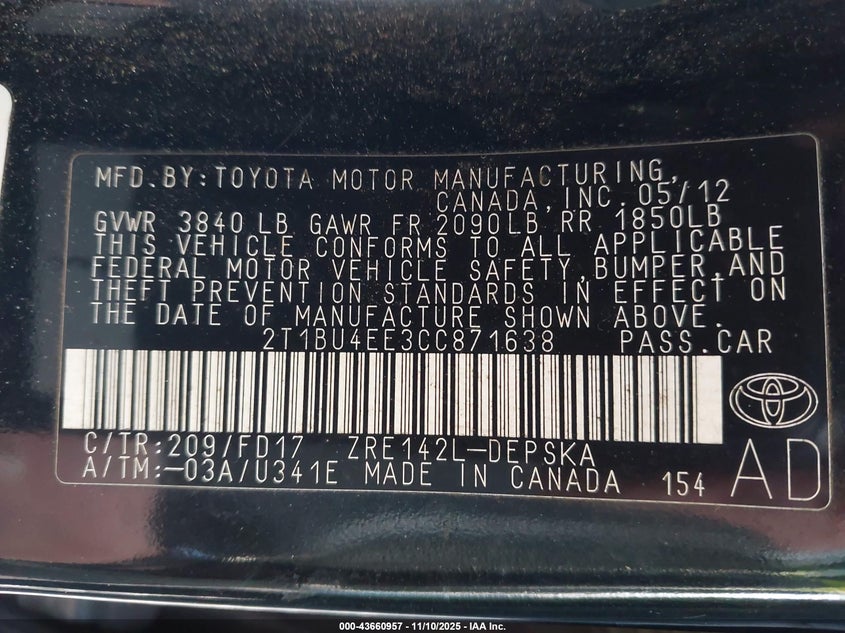 2T1BU4EE3CC871638 2012 TOYOTA COROLLA photo no. 9