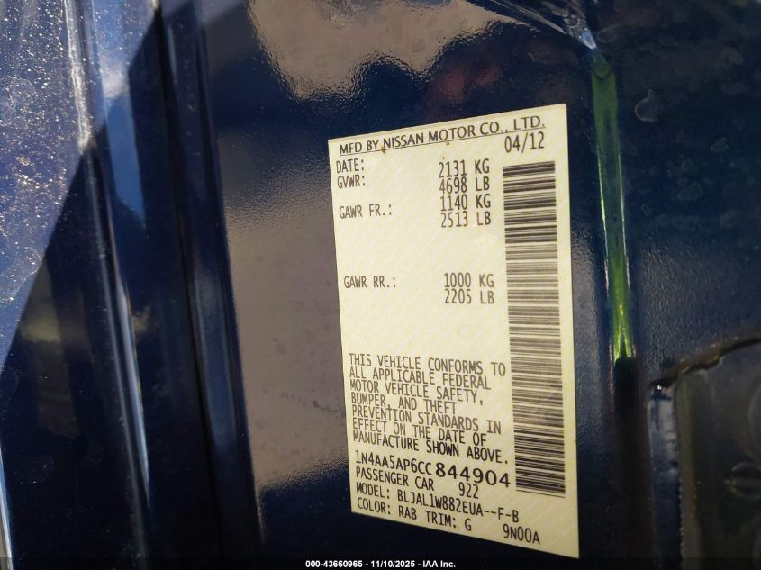 2012 Nissan Maxima 3.5 Sv VIN: 1N4AA5AP6CC844904 Lot: 43660965