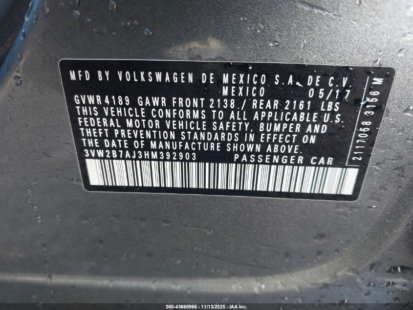 2017 Volkswagen Jetta 1.4T S VIN: 3VW2B7AJ3HM392903 Lot: 43660966