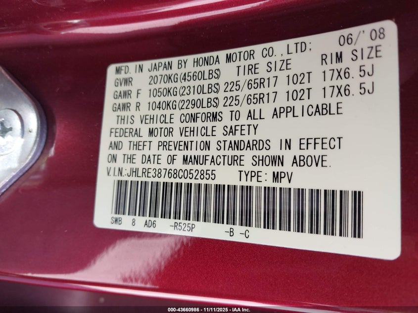 2008 Honda Cr-V Ex-L VIN: JHLRE38768C052855 Lot: 43660986