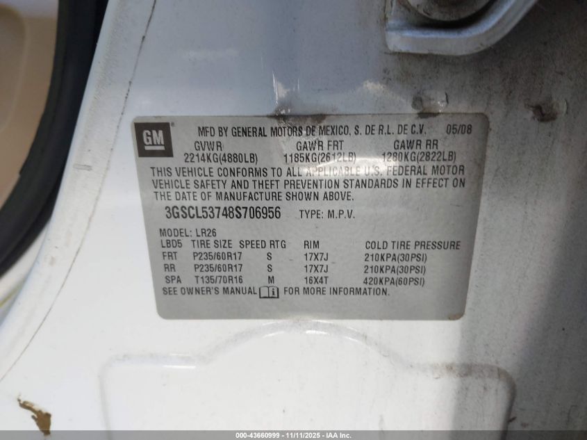 2008 Saturn Vue V6 Xr VIN: 3GSCL53748S706956 Lot: 43660999