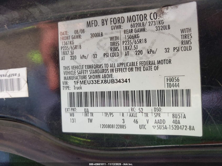 2008 Ford Explorer Sport Trac Limited VIN: 1FMEU33EX8UB34341 Lot: 43661011