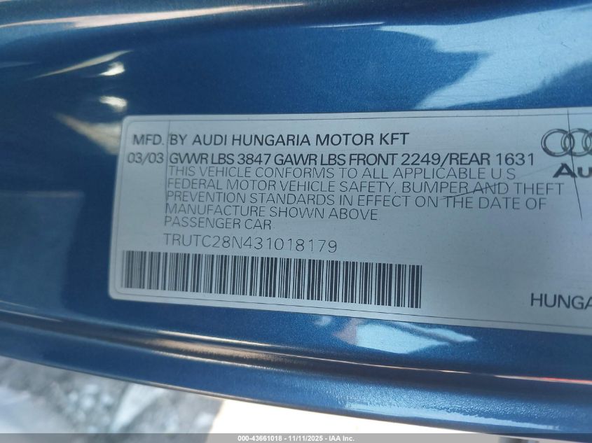 2003 Audi Tt 1.8L VIN: TRUTC28N431018179 Lot: 43661018