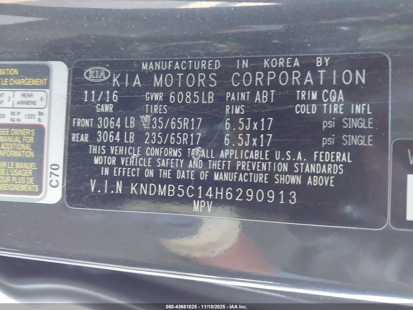 2017 Kia Sedona Lx VIN: KNDMB5C14H6290913 Lot: 43661025