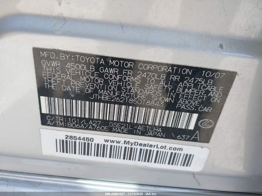 2008 Lexus Is 350 VIN: JTHBE262185018843 Lot: 43661027