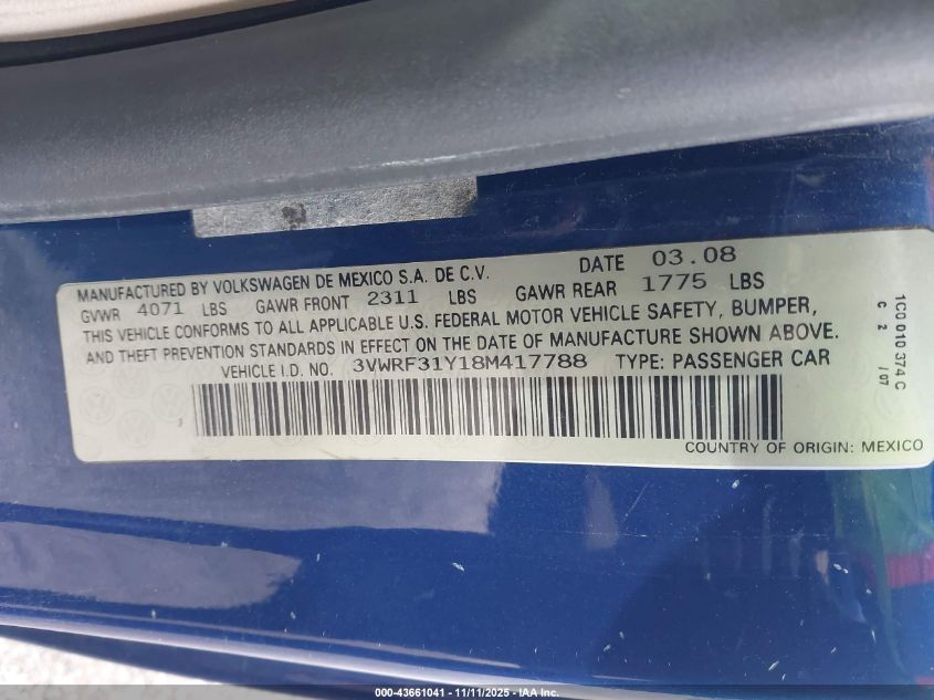2008 Volkswagen New Beetle Se VIN: 3VWRF31Y18M417788 Lot: 43661041