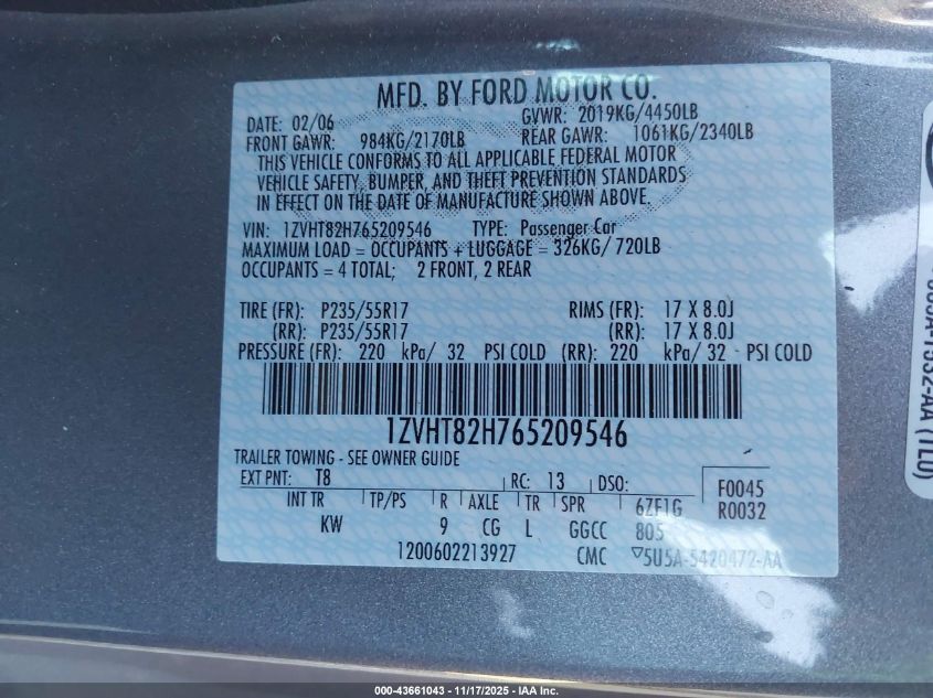 2006 Ford Mustang Gt VIN: 1ZVHT82H765209546 Lot: 43661043