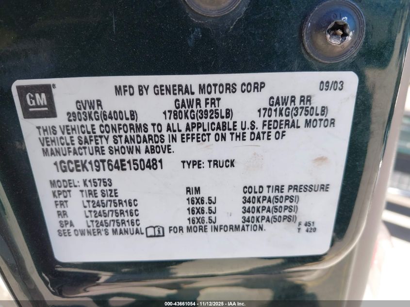 2004 Chevrolet Silverado 1500 Ls VIN: 1GCEK19T64E150481 Lot: 43661054