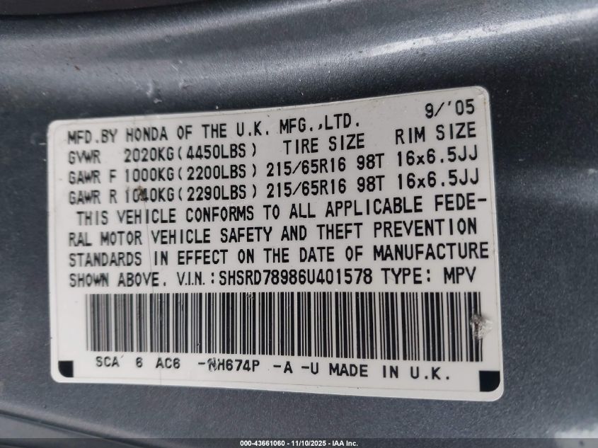 2006 Honda Cr-V Se VIN: SHSRD78986U401578 Lot: 43661060