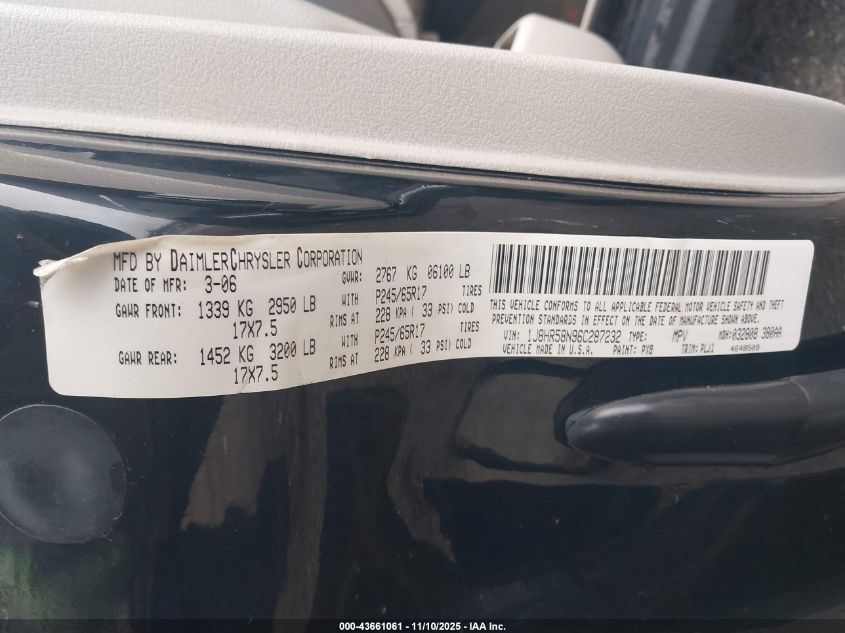 2006 Jeep Grand Cherokee Limited VIN: 1J8HR58N96C287232 Lot: 43661061