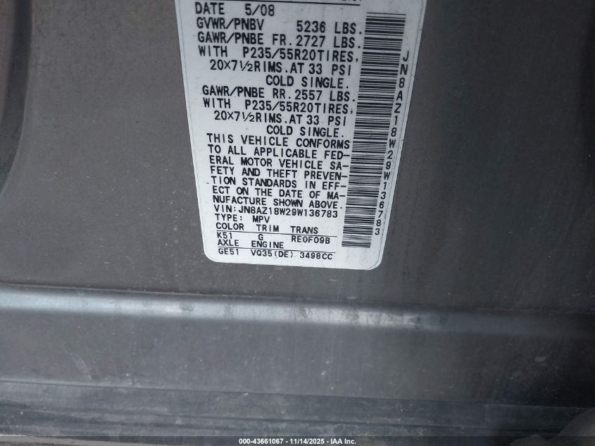 2009 Nissan Murano Le VIN: JN8AZ18W29W136783 Lot: 43661067