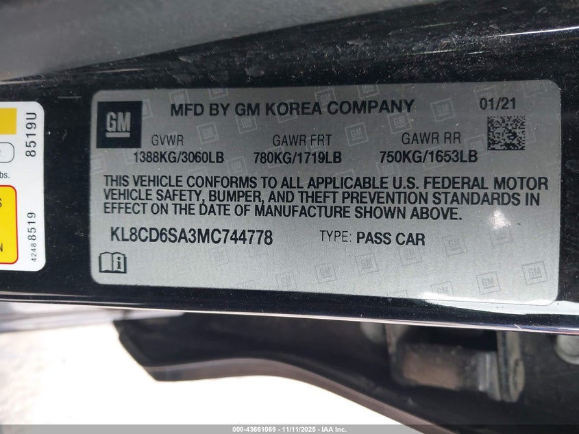 2021 Chevrolet Spark Fwd 1Lt Automatic VIN: KL8CD6SA3MC744778 Lot: 43661069