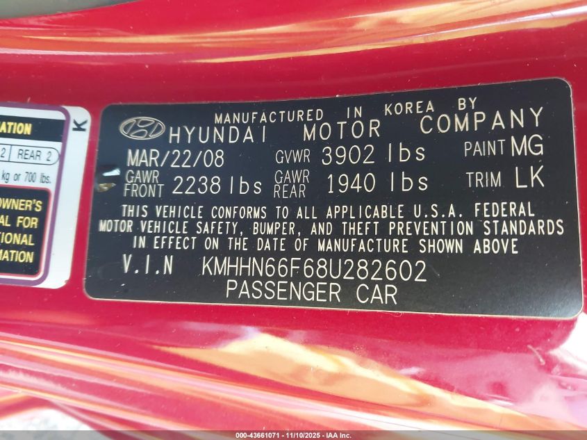 2008 Hyundai Tiburon Gt/Gt Limited/Se VIN: KMHHN66F68U282602 Lot: 43661071