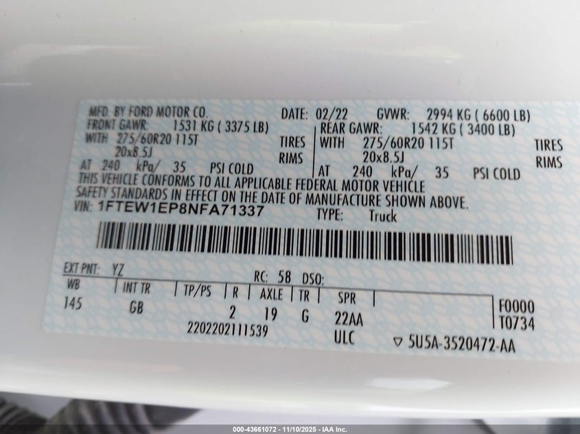 2022 Ford F-150 Xl VIN: 1FTEW1EP8NFA71337 Lot: 43661072