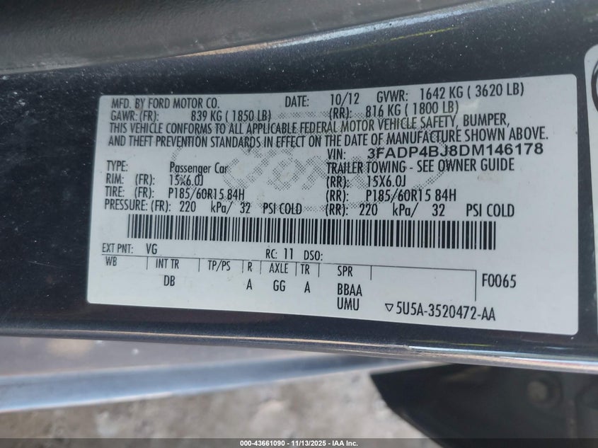 2013 Ford Fiesta Se VIN: 3FADP4BJ8DM146178 Lot: 43661090