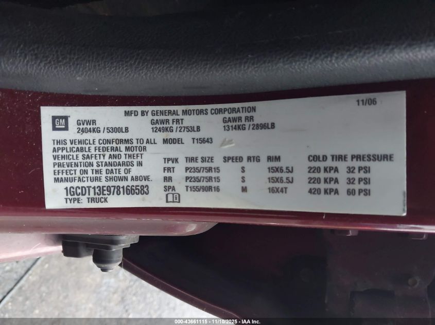 2007 Chevrolet Colorado Lt VIN: 1GCDT13E978166583 Lot: 43661115