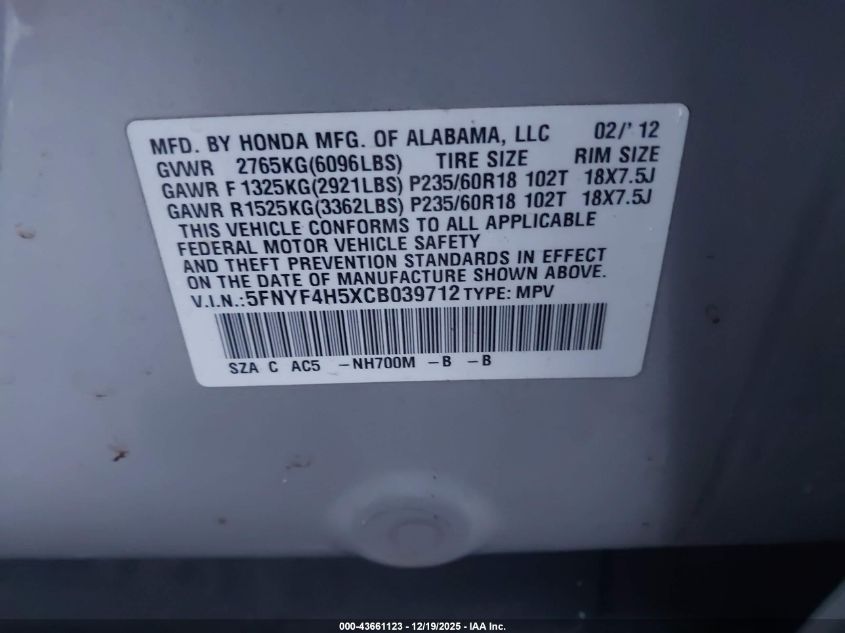 2012 Honda Pilot Ex-L VIN: 5FNYF4H5XCB039712 Lot: 43661123