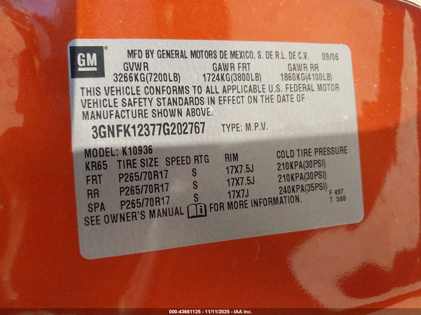 2007 Chevrolet Avalanche 1500 Lt VIN: 3GNFK12377G202767 Lot: 43661125