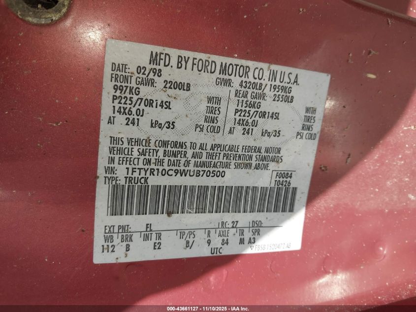 1998 Ford Ranger Splash/Xl/Xlt VIN: 1FTYR10C9WUB70500 Lot: 43661127