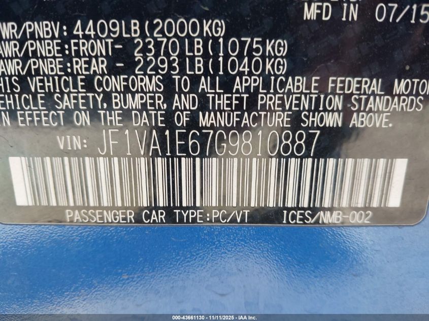 2016 Subaru Wrx Premium VIN: JF1VA1E67G9810887 Lot: 43661130