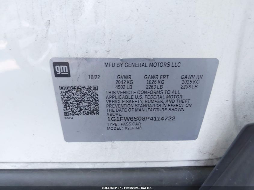 2023 Chevrolet Bolt Ev Fwd 1Lt VIN: 1G1FW6S08P4114722 Lot: 43661137