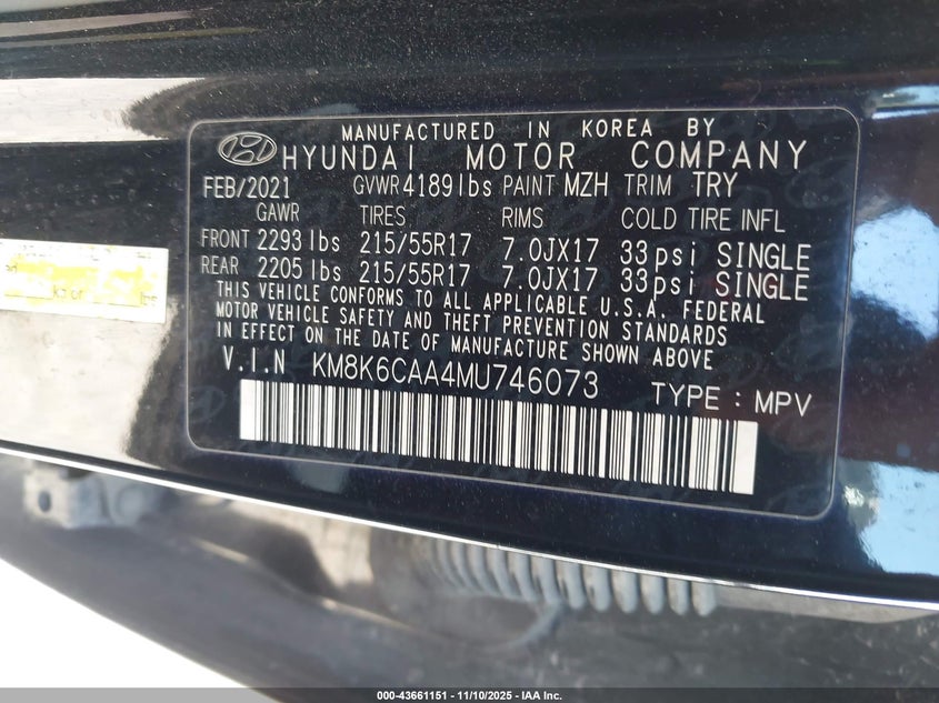 2021 Hyundai Kona Sel Plus VIN: KM8K6CAA4MU746073 Lot: 43661151