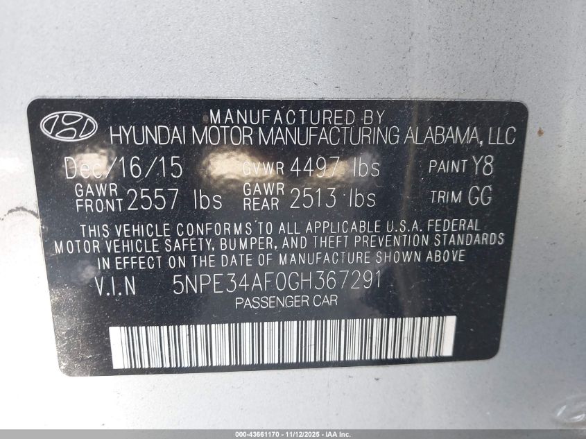 2016 Hyundai Sonata Limited/Sport VIN: 5NPE34AF0GH67291 Lot: 43661170