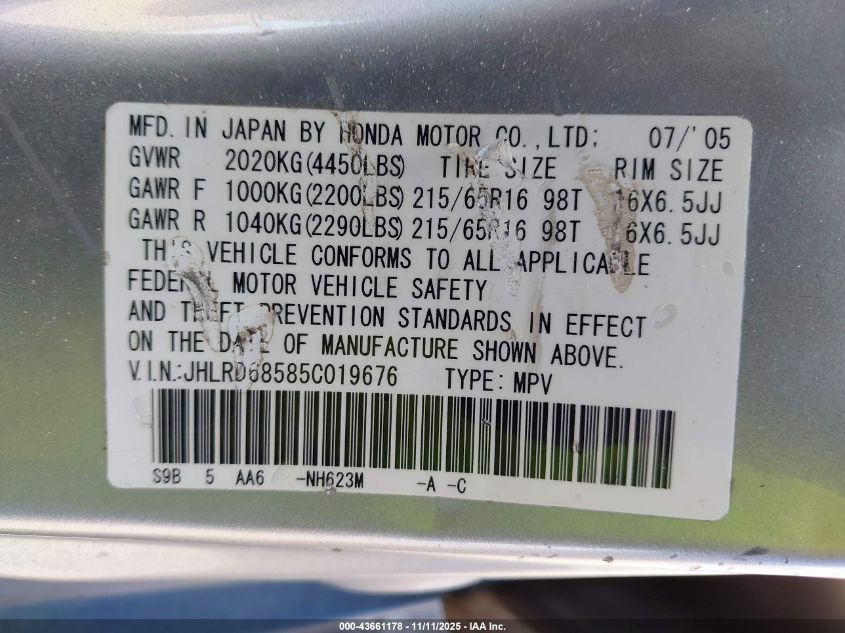 2005 Honda Cr-V Lx VIN: JHLRD68585C019676 Lot: 43661178