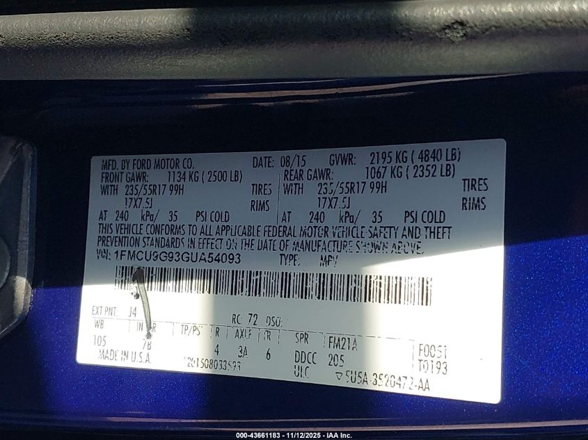 2016 Ford Escape Se VIN: 1FMCU9G93GUA54093 Lot: 43661183