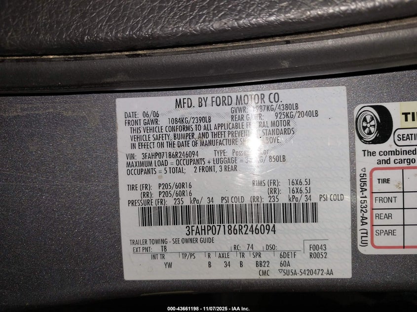 2006 Ford Fusion Se VIN: 3FAHP07186R246094 Lot: 43661198