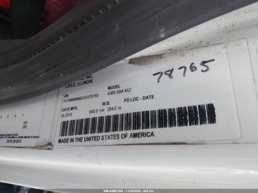 2016 International 4000 4300 VIN: 1HTMMMMM2GH378765 Lot: 43661205