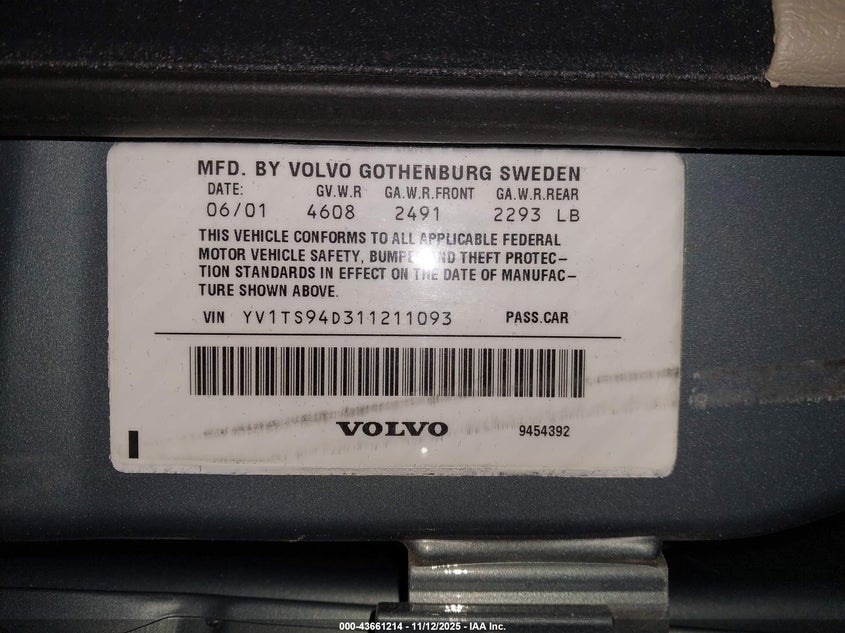 2001 Volvo S80 2.9 VIN: YV1TS94D311211093 Lot: 43661214