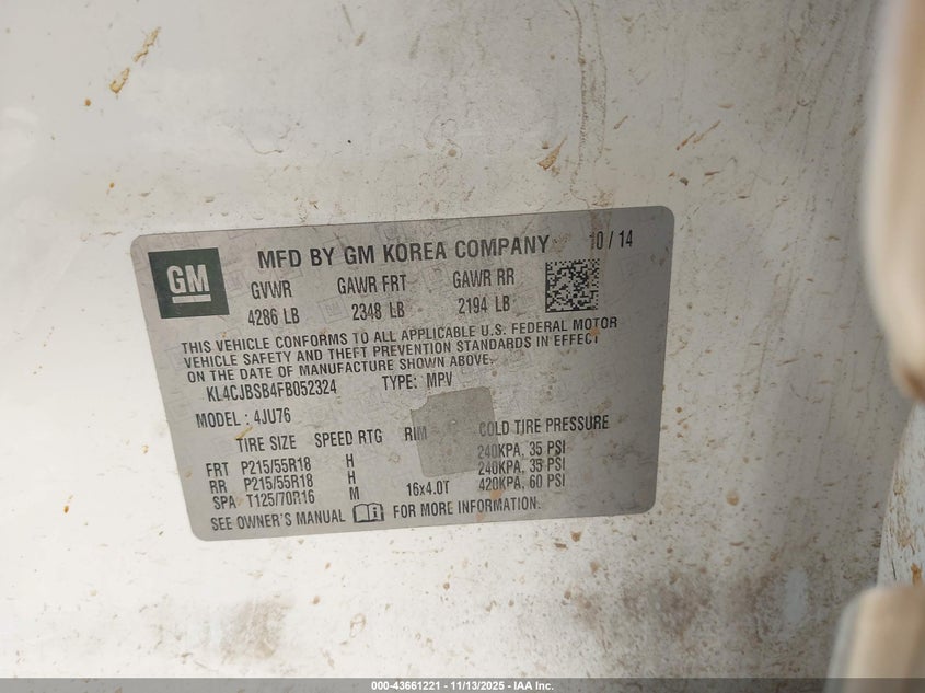 2015 Buick Encore Convenience VIN: KL4CJBSB4FB052324 Lot: 43661221