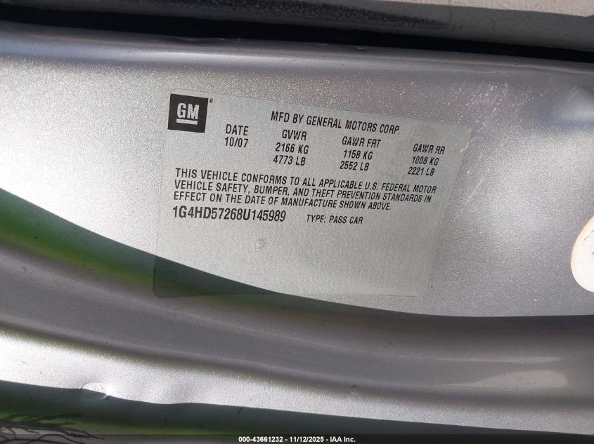 2008 Buick Lucerne Cxl VIN: 1G4HD57268U145989 Lot: 43661232