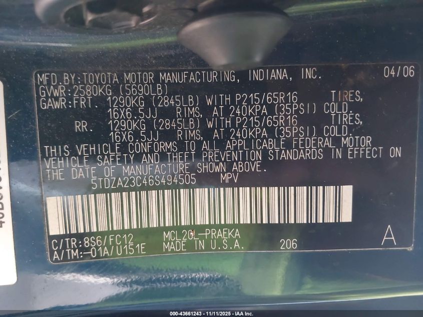 2006 Toyota Sienna Le VIN: 5TDZA23C46S494505 Lot: 43661243