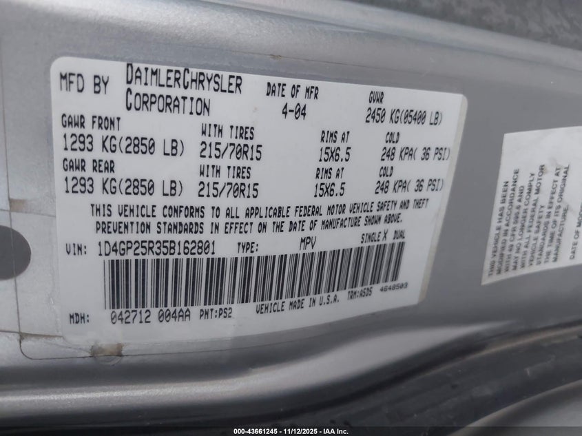 2005 Dodge Caravan Se VIN: 1D4GP25R35B162801 Lot: 43661245