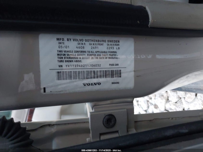 2001 Volvo S80 2.9 VIN: YV1TS94D211206032 Lot: 43661253