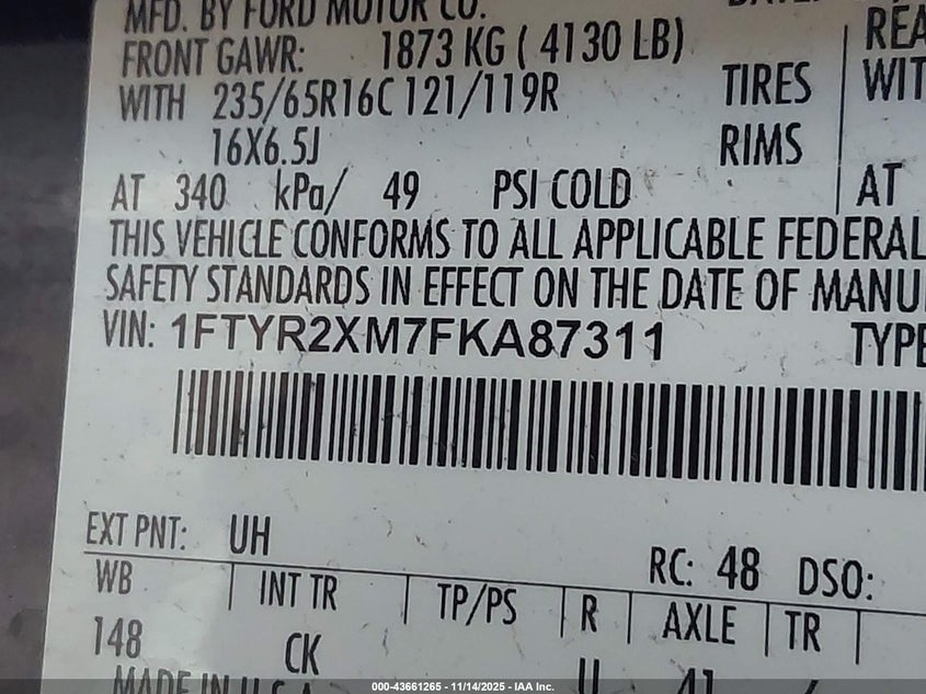 2015 Ford Transit-250 VIN: 1FTYR2XM7FKA87311 Lot: 43661265