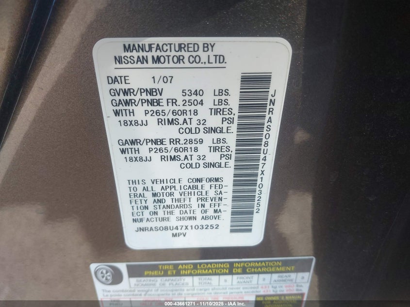 2007 Infiniti Fx35 VIN: JNRAS08U47X103252 Lot: 43661271