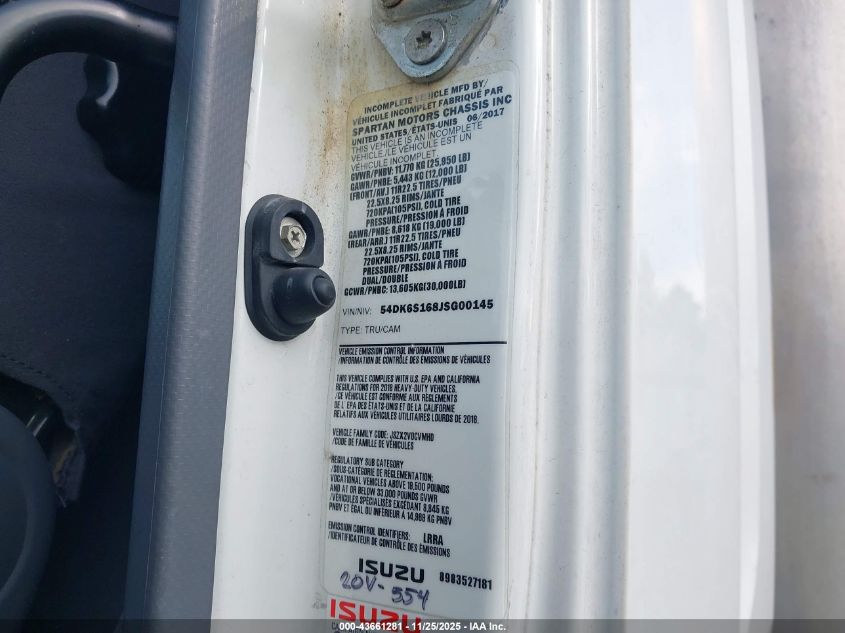 2018 Isuzu Ftr VIN: 54DK6S168JSG00145 Lot: 43661281