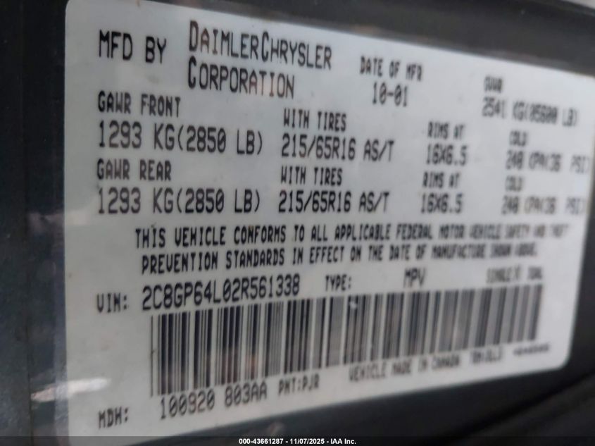 2002 Chrysler Town & Country Limited VIN: 2C8GP64L02R561338 Lot: 43661287