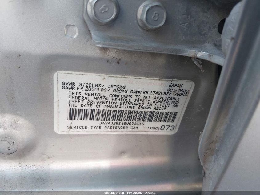 2006 Mitsubishi Lancer Es/Se VIN: JA3AJ26E46U073615 Lot: 43661288