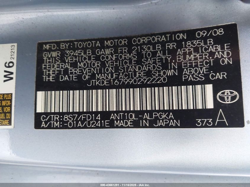 2009 Scion Tc VIN: JTKDE167990292220 Lot: 43661291