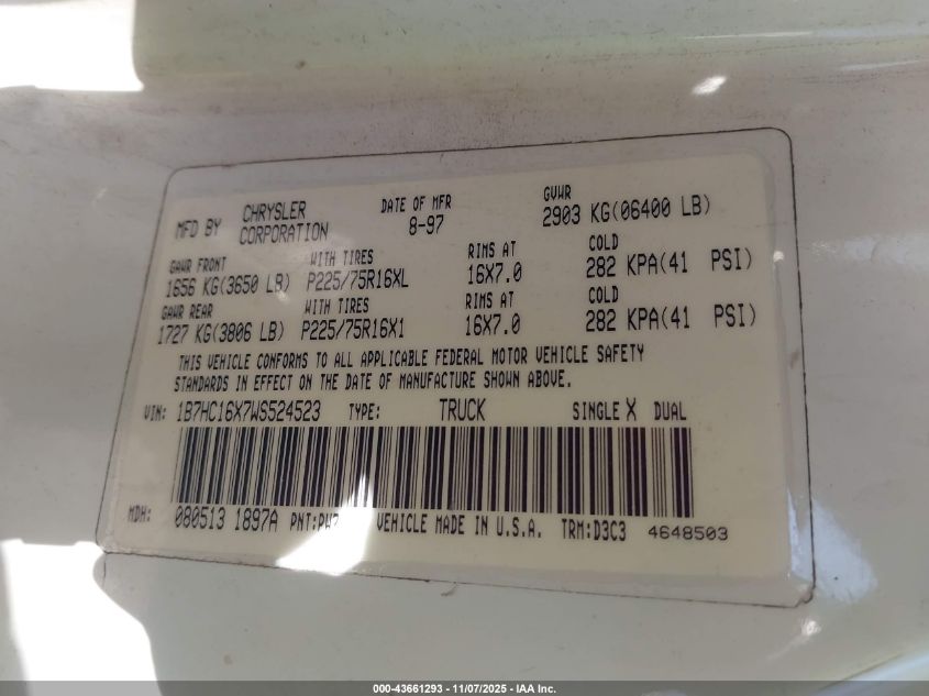 1998 Dodge Ram 1500 St/Ws VIN: 1B7HC16X7WS524523 Lot: 43661293