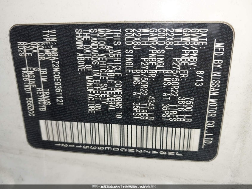 2014 Infiniti Qx80 VIN: JN8AZ2NC0E9351121 Lot: 43661299