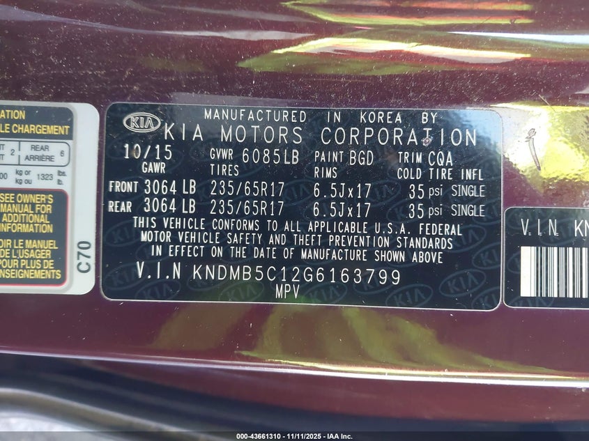 2016 Kia Sedona Lx VIN: KNDMB5C12G6163799 Lot: 43661310