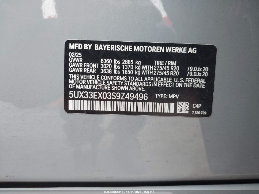 2025 BMW X6 xDrive40I VIN: 5UX33EX03S9Z49496 Lot: 43661319