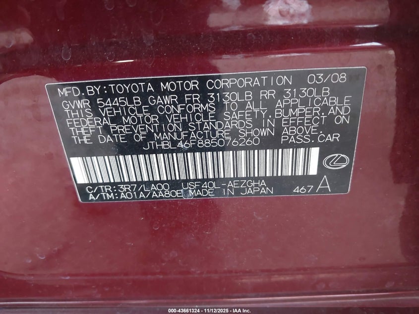 JTHBL46F885076260 2008 LEXUS LS photo no. 9