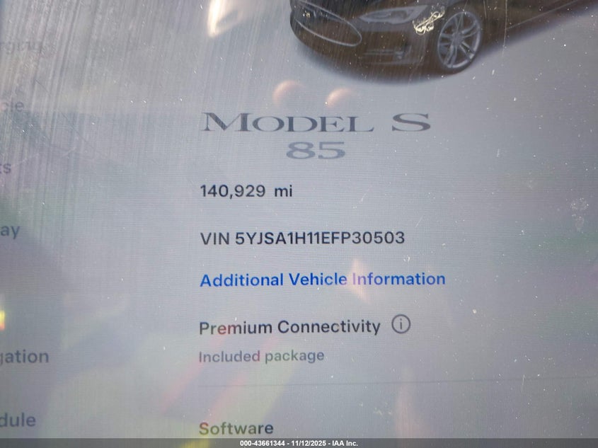 2014 Tesla Model S P85 VIN: 5YJSA1H11EFP30503 Lot: 43661344