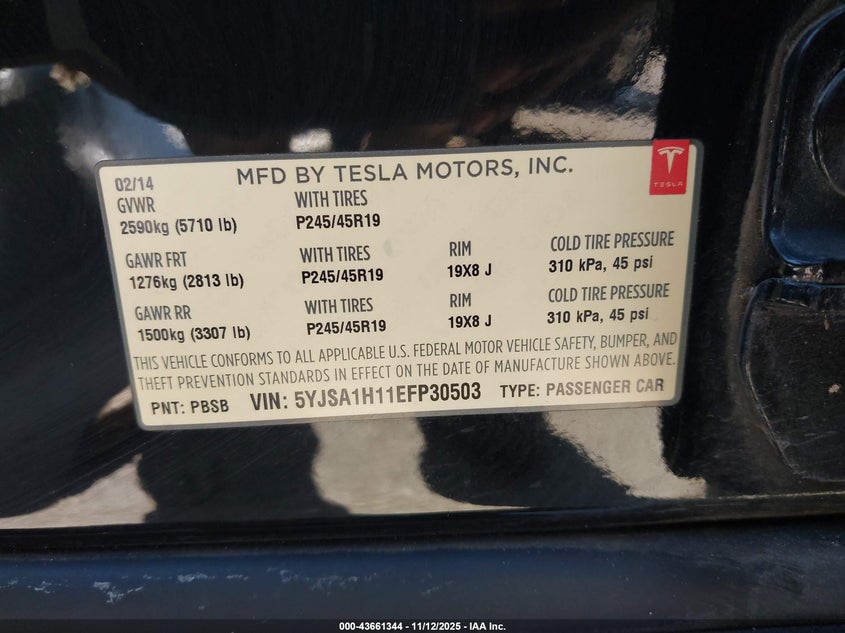 2014 Tesla Model S P85 VIN: 5YJSA1H11EFP30503 Lot: 43661344